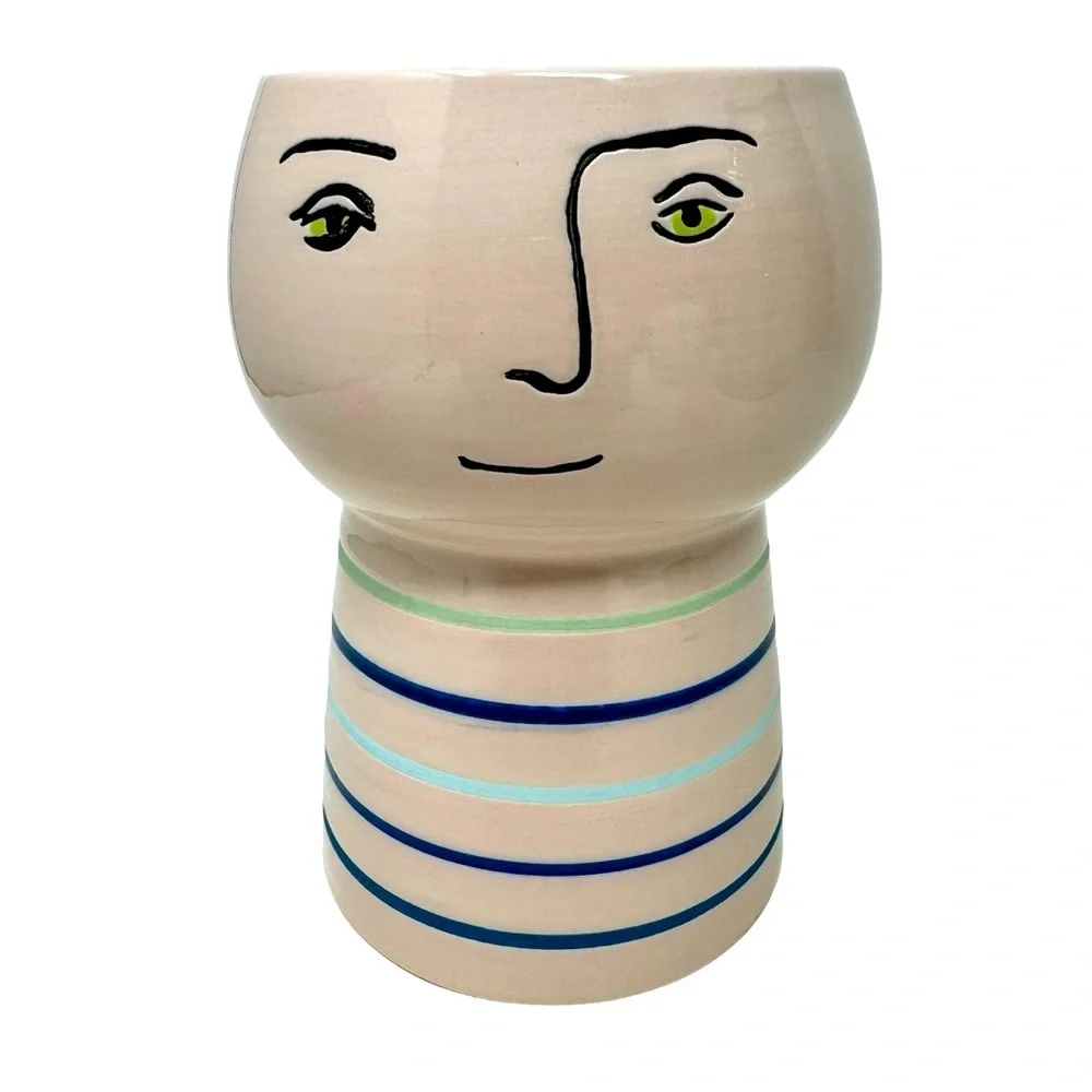Flower Face Vase | Pink Blue and Green Stripe. 6”